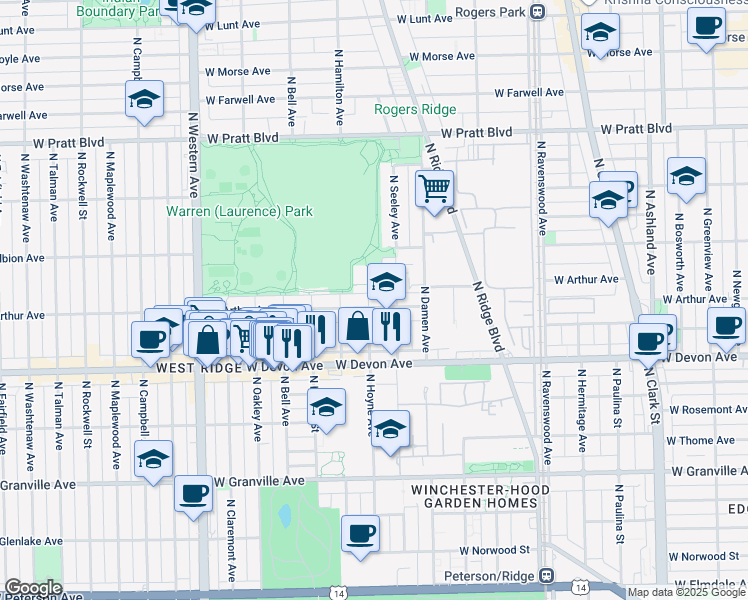 map of restaurants, bars, coffee shops, grocery stores, and more near 6505 North Hoyne Avenue in Chicago