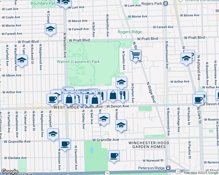 map of restaurants, bars, coffee shops, grocery stores, and more near in Chicago