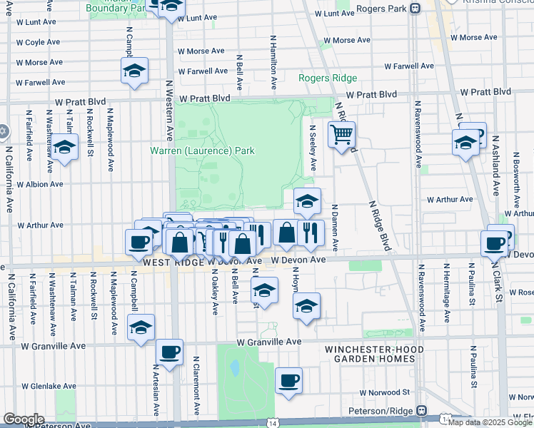 map of restaurants, bars, coffee shops, grocery stores, and more near in Chicago