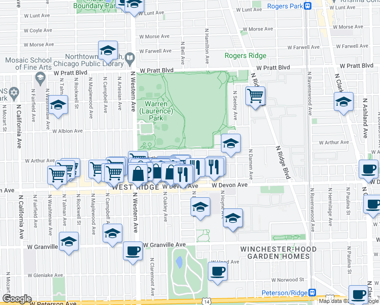 map of restaurants, bars, coffee shops, grocery stores, and more near 2210 West Arthur Avenue in Chicago