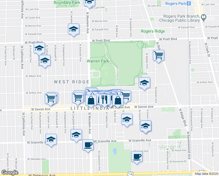 map of restaurants, bars, coffee shops, grocery stores, and more near 2248 West Arthur Avenue in Chicago