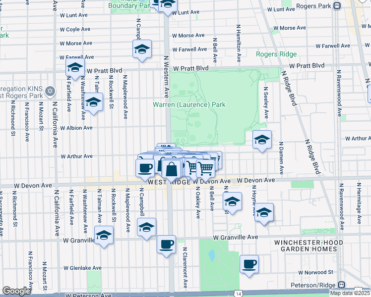 map of restaurants, bars, coffee shops, grocery stores, and more near 6507 North Claremont Avenue in Chicago