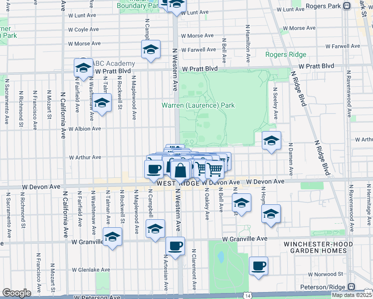 map of restaurants, bars, coffee shops, grocery stores, and more near 6507 North Claremont Avenue in Chicago