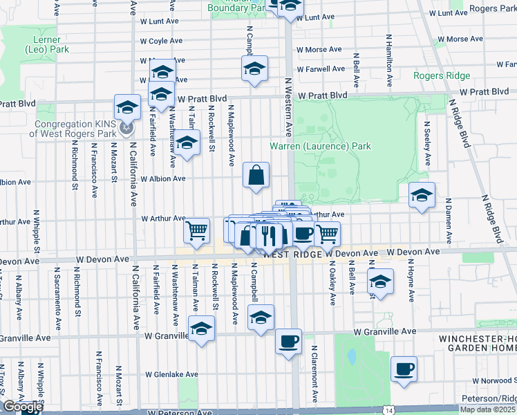 map of restaurants, bars, coffee shops, grocery stores, and more near 6512 North Artesian Avenue in Chicago