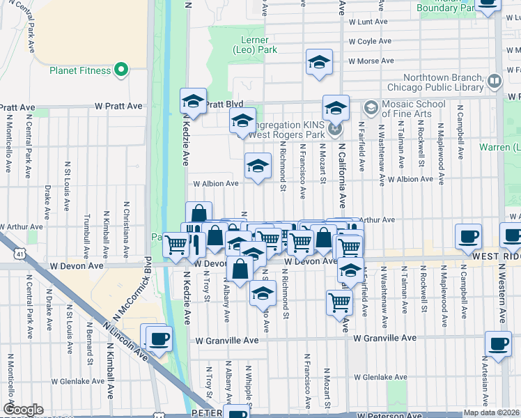 map of restaurants, bars, coffee shops, grocery stores, and more near 6522 North Sacramento Avenue in Chicago