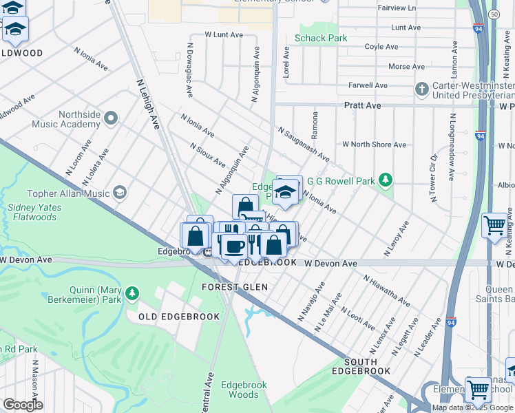 map of restaurants, bars, coffee shops, grocery stores, and more near 6560 North Hiawatha Avenue in Chicago