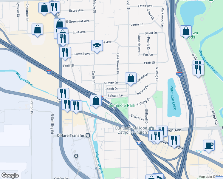 map of restaurants, bars, coffee shops, grocery stores, and more near 2993 Curtis Street in Des Plaines