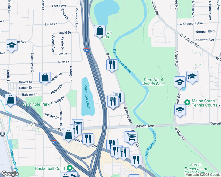 map of restaurants, bars, coffee shops, grocery stores, and more near 2950 South River Road in Des Plaines