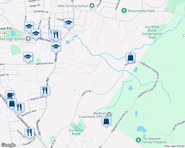map of restaurants, bars, coffee shops, grocery stores, and more near 72 Spring Water Drive in Woonsocket