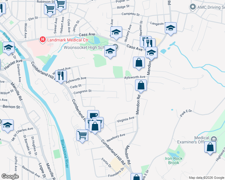 map of restaurants, bars, coffee shops, grocery stores, and more near 326 Congress St in Woonsocket