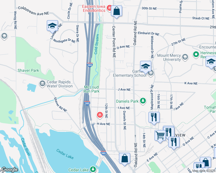 map of restaurants, bars, coffee shops, grocery stores, and more near 1106 12th Street Northeast in Cedar Rapids