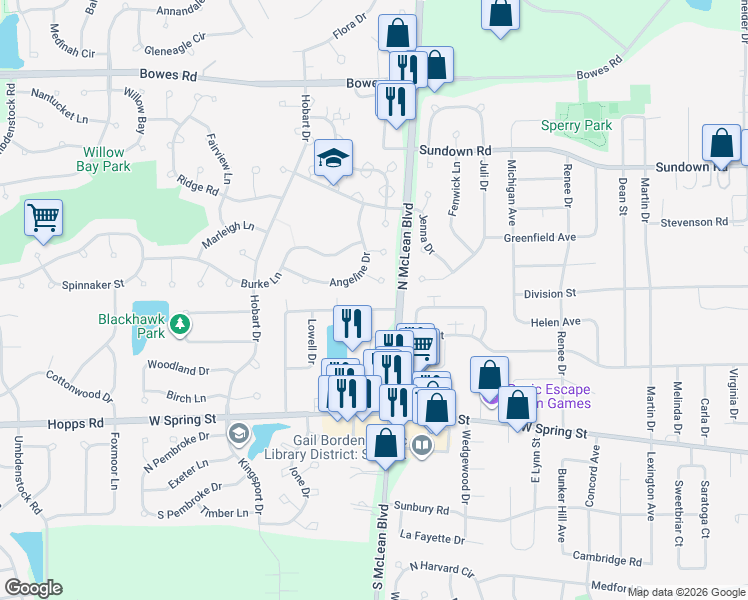 map of restaurants, bars, coffee shops, grocery stores, and more near 1244 Sandhurst Lane in South Elgin