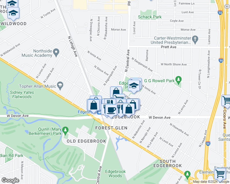 map of restaurants, bars, coffee shops, grocery stores, and more near 6560 North Hiawatha Avenue in Chicago