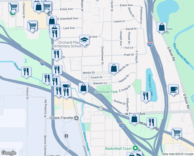 map of restaurants, bars, coffee shops, grocery stores, and more near 2993 Curtis Street in Des Plaines