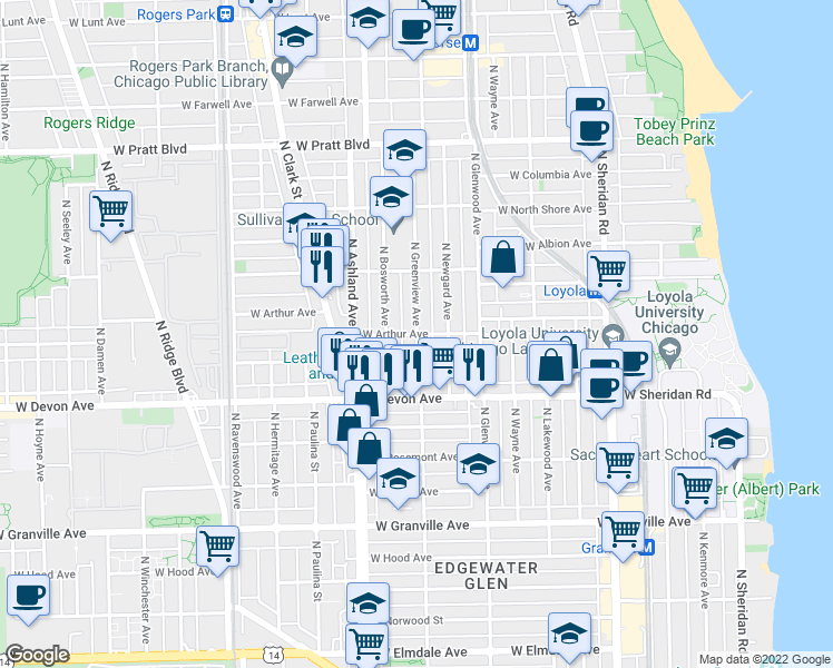 map of restaurants, bars, coffee shops, grocery stores, and more near West Arthur Avenue & North Greenview Avenue in Chicago