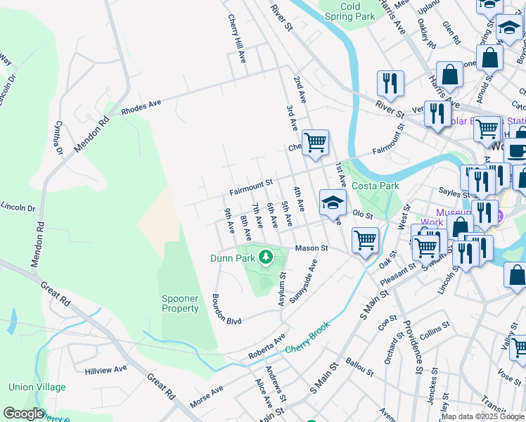 map of restaurants, bars, coffee shops, grocery stores, and more near 72 Chapel St in Woonsocket