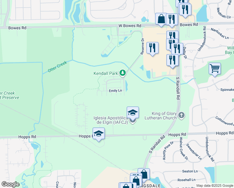 map of restaurants, bars, coffee shops, grocery stores, and more near 2441 Emily Lane in Elgin