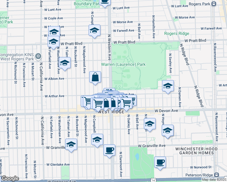 map of restaurants, bars, coffee shops, grocery stores, and more near 6509 North Western Avenue in Chicago