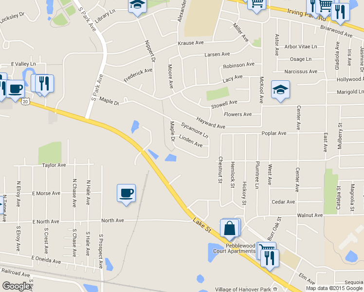 map of restaurants, bars, coffee shops, grocery stores, and more near 646 Maple Drive in Streamwood