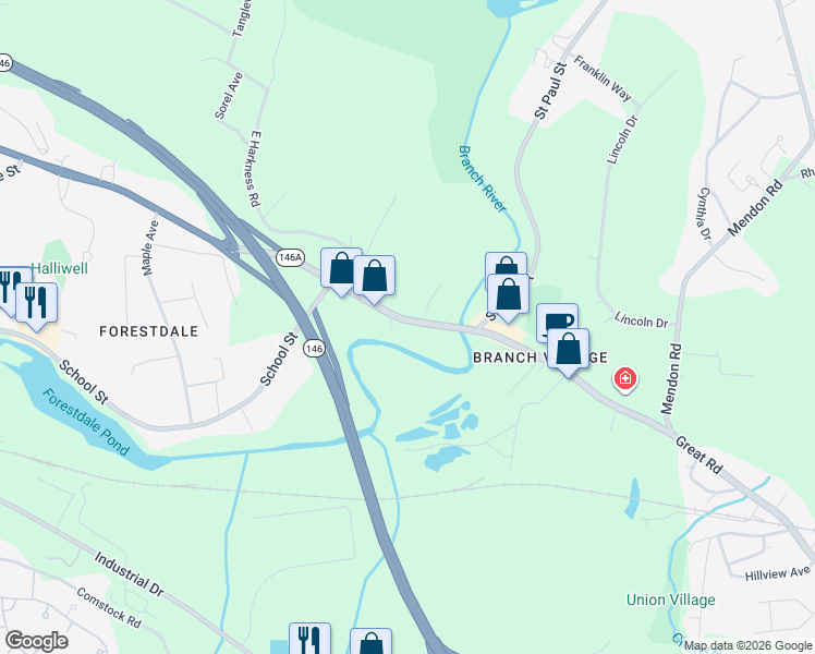 map of restaurants, bars, coffee shops, grocery stores, and more near 740 Victory Highway in North Smithfield