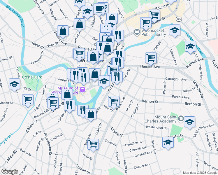 map of restaurants, bars, coffee shops, grocery stores, and more near 225 Front Street in Woonsocket