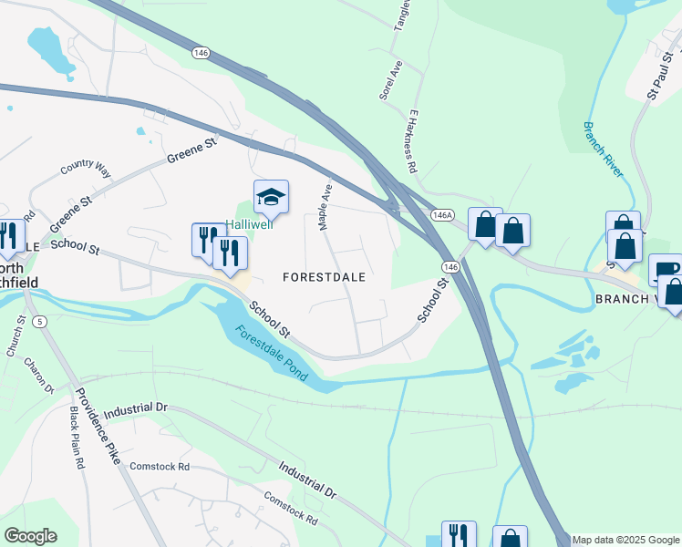 map of restaurants, bars, coffee shops, grocery stores, and more near Maple Avenue in North Smithfield