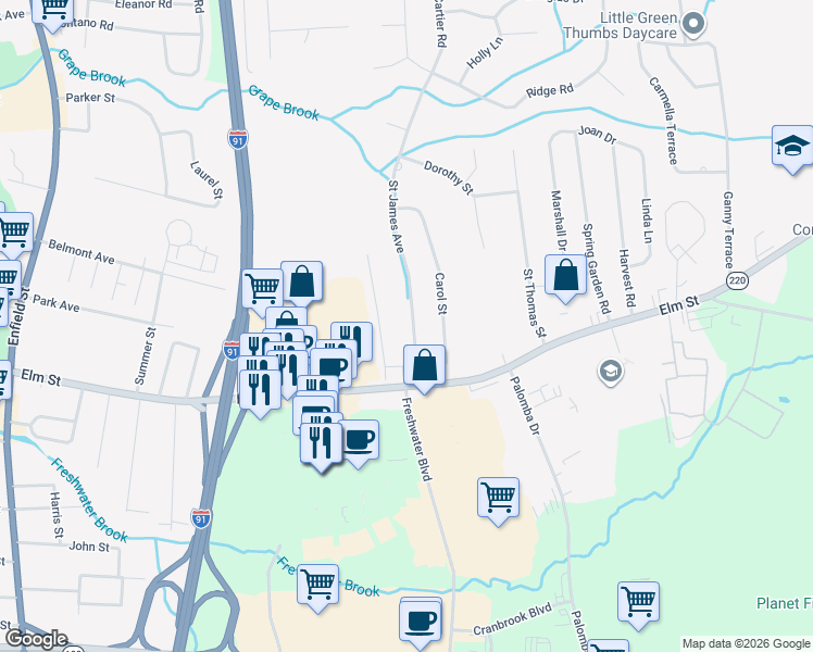 map of restaurants, bars, coffee shops, grocery stores, and more near 17 Saint James Avenue in Enfield