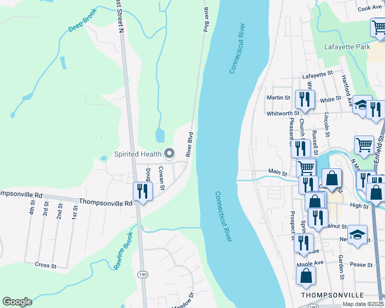 map of restaurants, bars, coffee shops, grocery stores, and more near 814 River Boulevard in Suffield