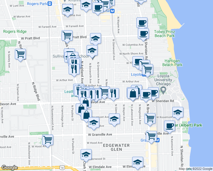 map of restaurants, bars, coffee shops, grocery stores, and more near W Arthur Ave & N Newgard Ave in Chicago