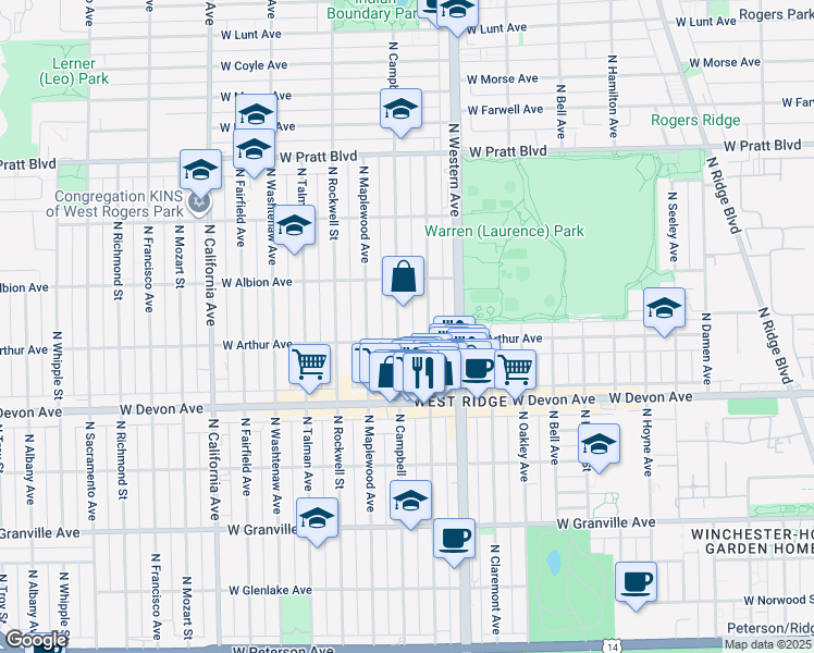 map of restaurants, bars, coffee shops, grocery stores, and more near 6512 North Artesian Avenue in Chicago