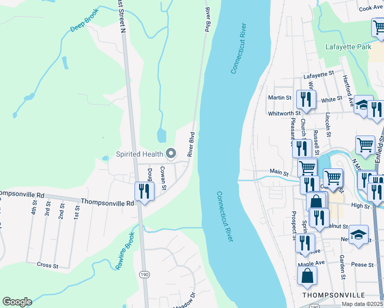 map of restaurants, bars, coffee shops, grocery stores, and more near 814 River Boulevard in Suffield