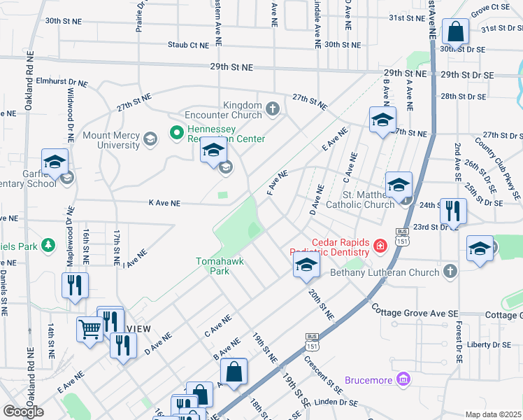 map of restaurants, bars, coffee shops, grocery stores, and more near 634 20th Street Northeast in Cedar Rapids
