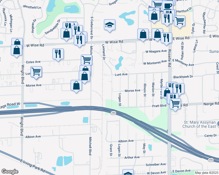 map of restaurants, bars, coffee shops, grocery stores, and more near 1450 Grant Street in Schaumburg