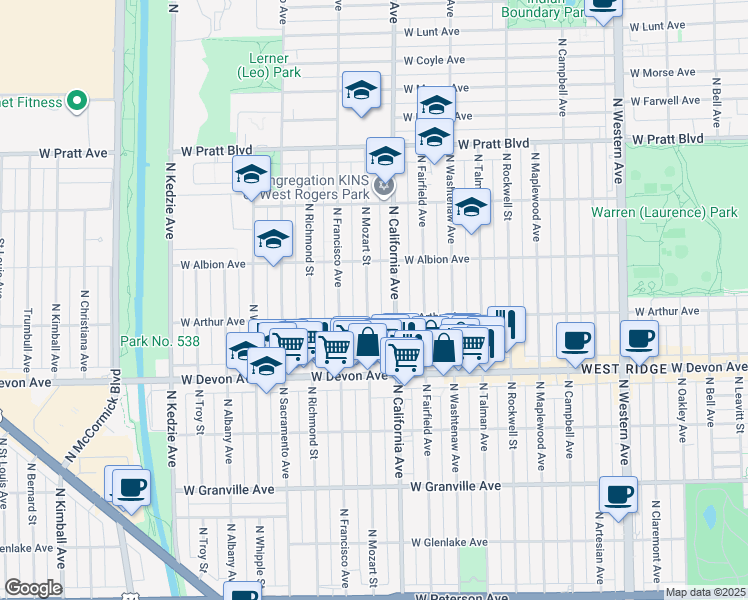 map of restaurants, bars, coffee shops, grocery stores, and more near 6519 North Mozart Street in Chicago