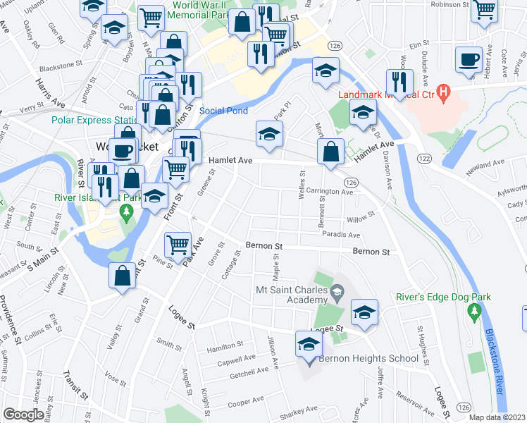 map of restaurants, bars, coffee shops, grocery stores, and more near 218 Willow Street in Woonsocket