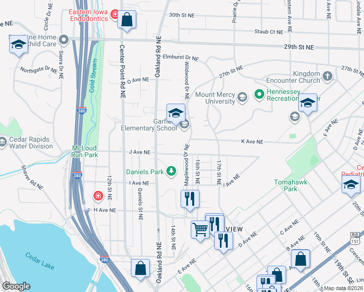 map of restaurants, bars, coffee shops, grocery stores, and more near 1115 Maplewood Drive Northeast in Cedar Rapids