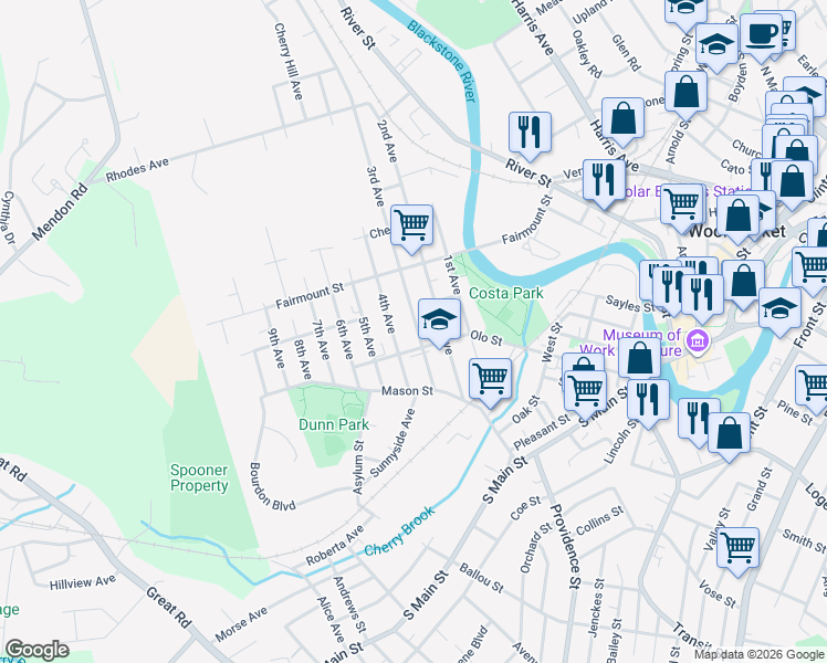 map of restaurants, bars, coffee shops, grocery stores, and more near 126 3rd Avenue in Woonsocket