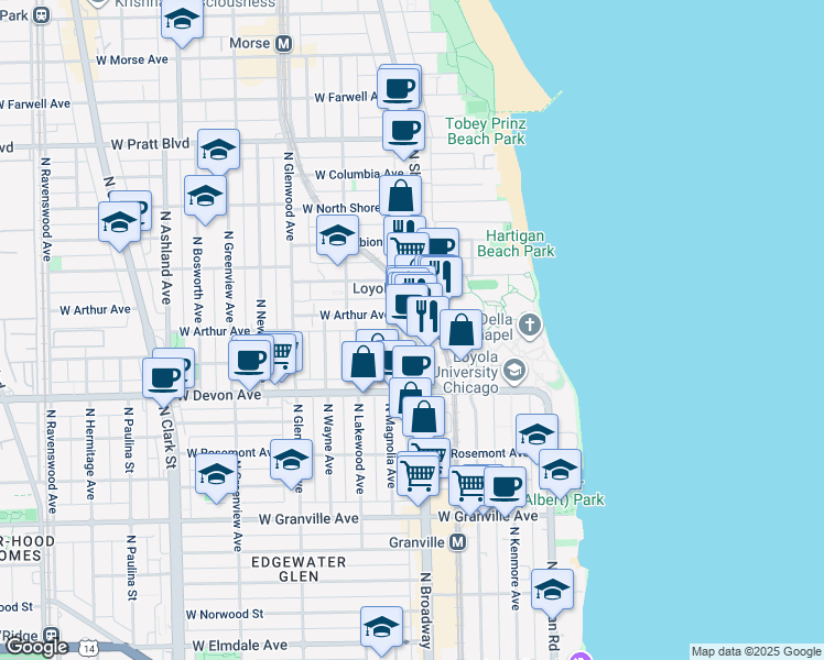 map of restaurants, bars, coffee shops, grocery stores, and more near 6459 North Magnolia Avenue in Chicago