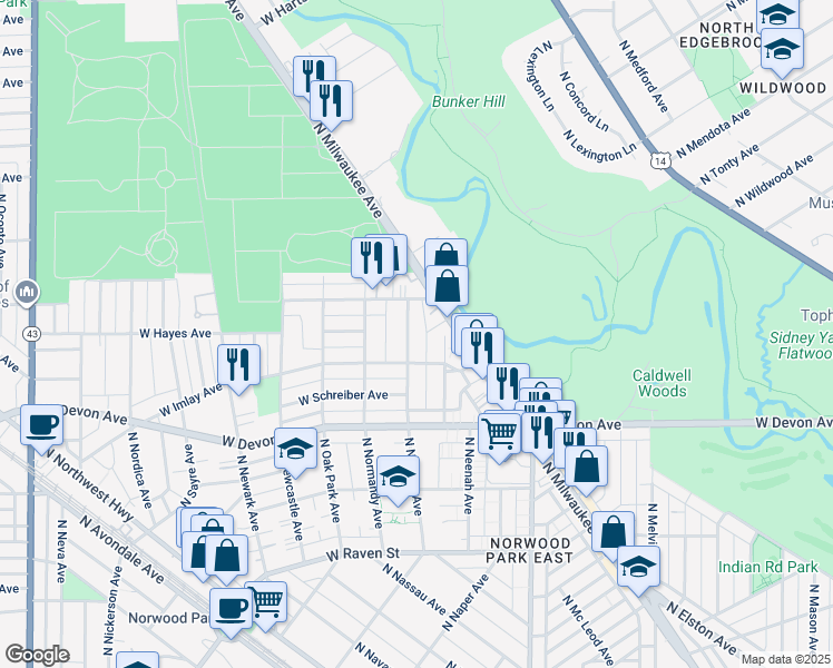 map of restaurants, bars, coffee shops, grocery stores, and more near 6527 North Natoma Avenue in Chicago