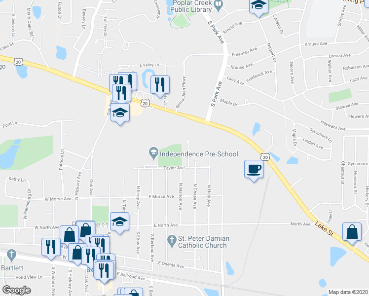map of restaurants, bars, coffee shops, grocery stores, and more near 276 Wayne Court in Bartlett