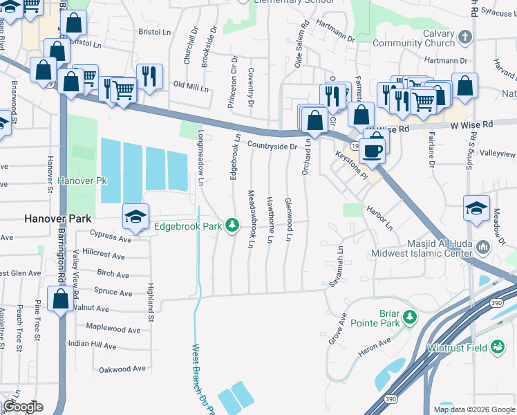 map of restaurants, bars, coffee shops, grocery stores, and more near 7025 Meadowbrook Lane in Hanover Park