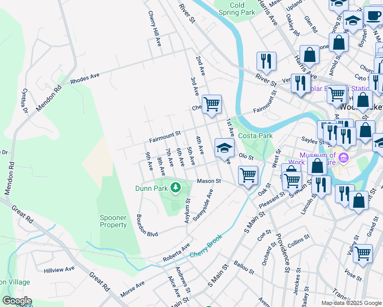 map of restaurants, bars, coffee shops, grocery stores, and more near 131 5th Avenue in Woonsocket
