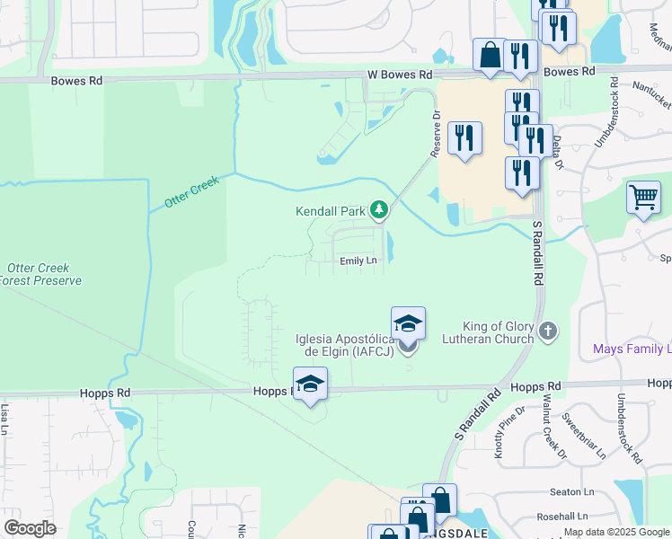 map of restaurants, bars, coffee shops, grocery stores, and more near 2491 Emily Lane in Elgin