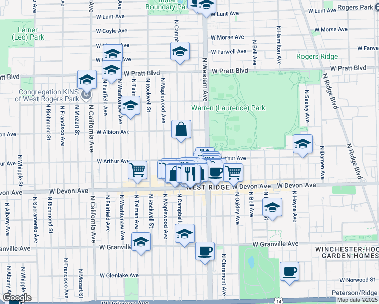 map of restaurants, bars, coffee shops, grocery stores, and more near 6512 North Artesian Avenue in Chicago