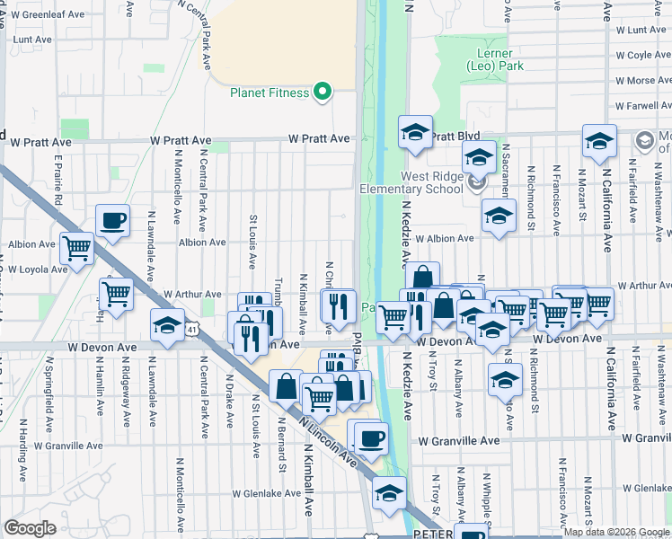 map of restaurants, bars, coffee shops, grocery stores, and more near 6525 North Christiana Avenue in Lincolnwood
