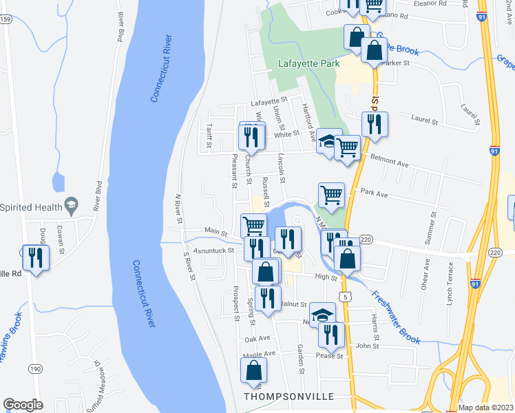 map of restaurants, bars, coffee shops, grocery stores, and more near 23 North Main Street in Enfield