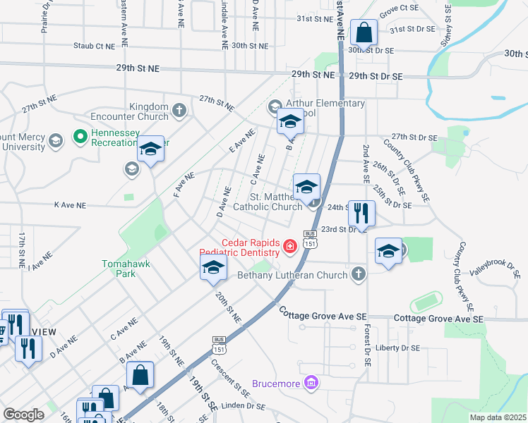 map of restaurants, bars, coffee shops, grocery stores, and more near 2310 B Avenue Northeast in Cedar Rapids