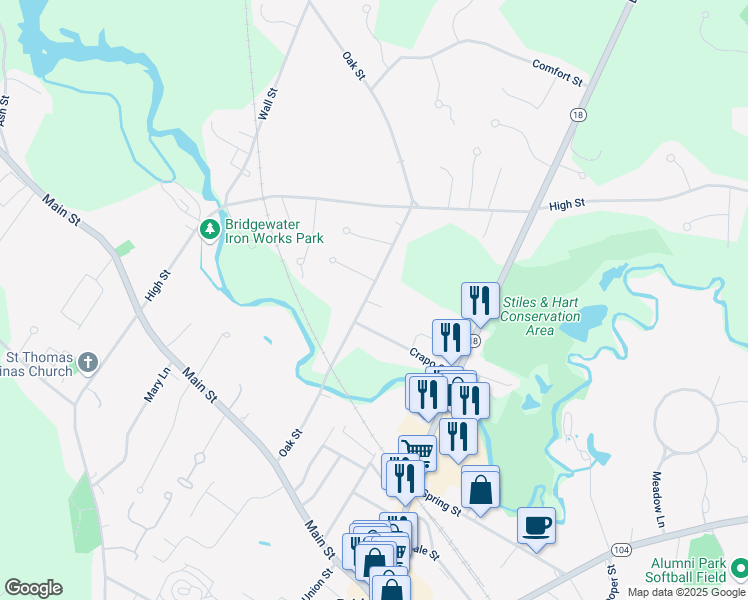 map of restaurants, bars, coffee shops, grocery stores, and more near 211 Oak Street in Bridgewater