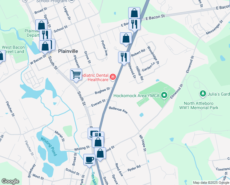 map of restaurants, bars, coffee shops, grocery stores, and more near in North Attleborough