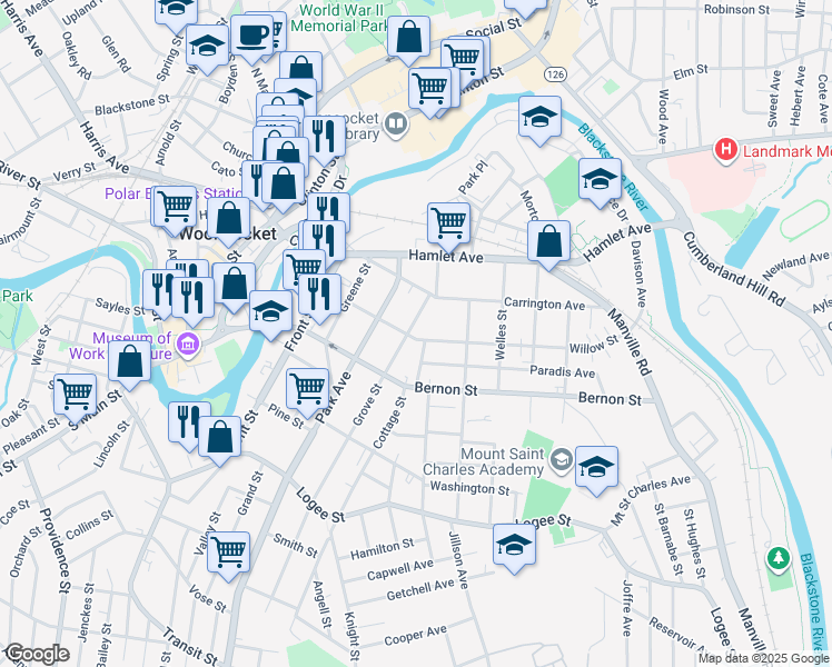 map of restaurants, bars, coffee shops, grocery stores, and more near 191 Grove Street in Woonsocket